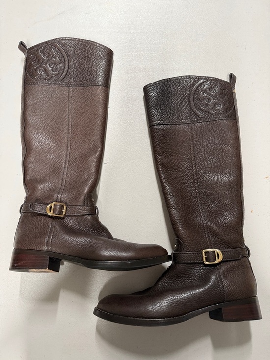 Tory Burch Shoes - Tory Burch Brown Tall Leather Riding Boots with Logo Medallion